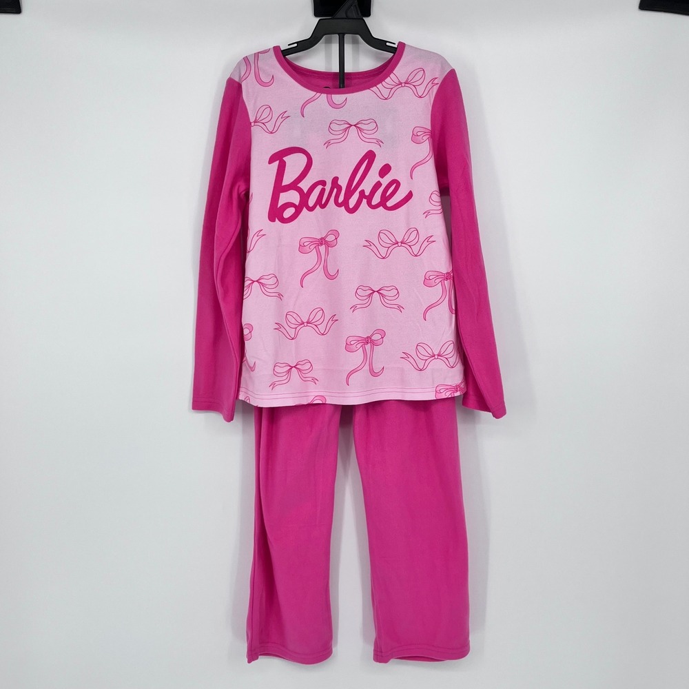 NWOT Barbie Girls Pink Pajama Set‎ 2 Piece Fleece Bow Logo Size Medium 7/8